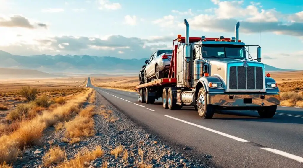 A flatbed tow truck carrying a vehicle on a highway route, representing professional long distance towing in Milwaukee.