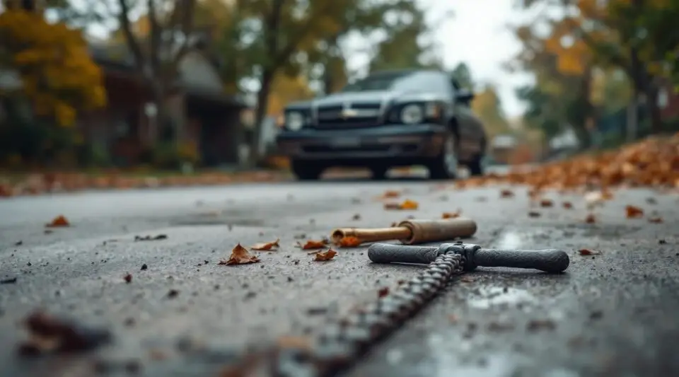 A flatbed tow truck loading a damaged junk car on W Florist Ave in Milwaukee under a dramatic overcast sky.