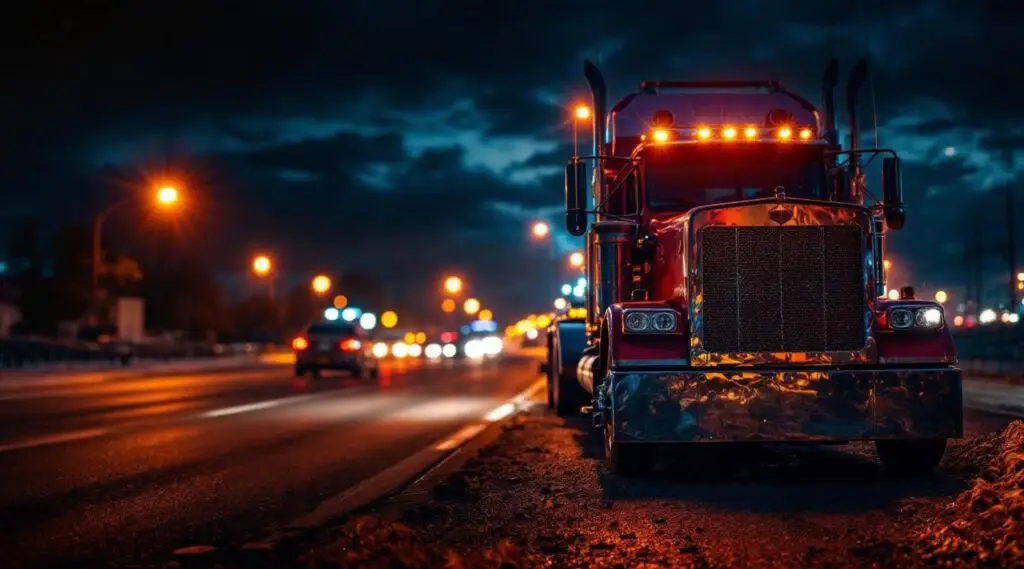 A Lakeside Recovery flatbed tow truck operating at night under streetlights in Milwaukee, loading a disabled sedan safely.