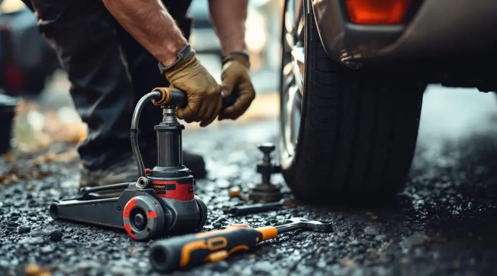 Lakeside Recovery technician changing a flat tire on a stranded vehicle roadside in Milwaukee.