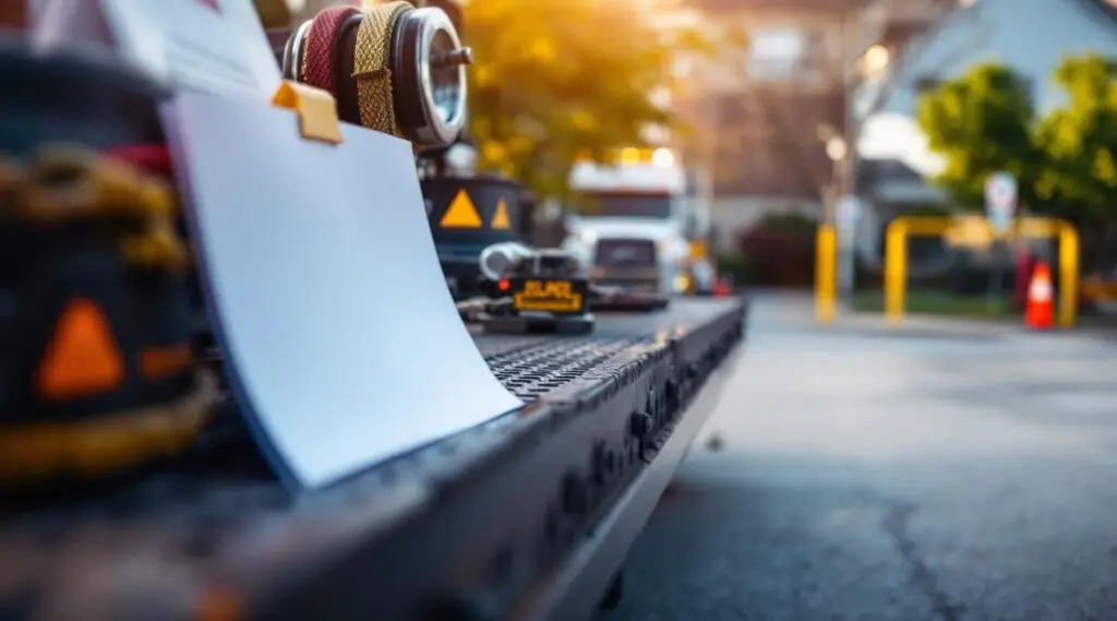 A professional Lakeside Recovery tow truck operator preparing to tow an illegally parked car in a marked Milwaukee lot.