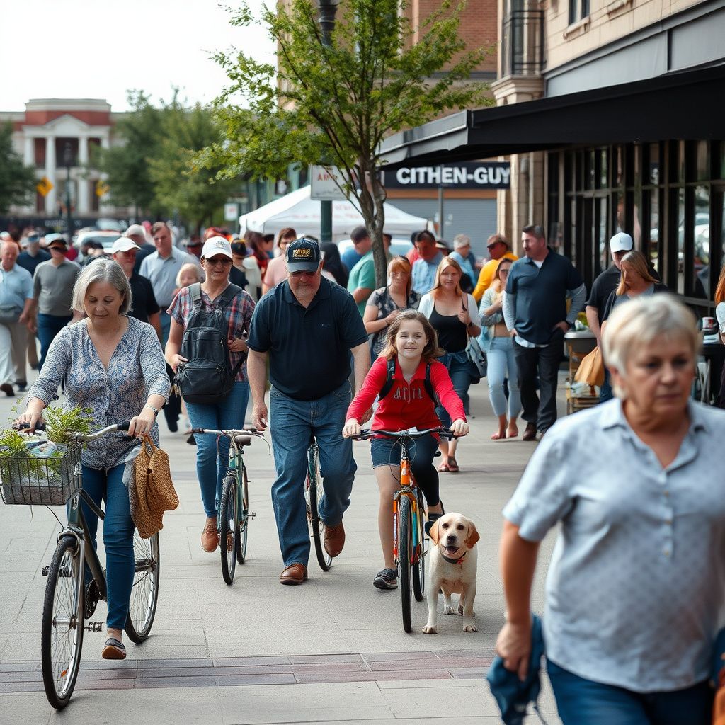 A scenic view of the modern Drexel Town Square streetscape in Oak Creek, Wisconsin, during a clear autumn afternoon