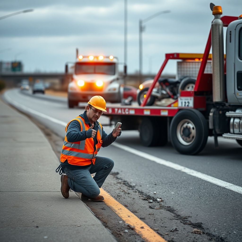 A professional tow operator securing a vehicle onto a flatbed truck under streetlights in South Milwaukee.