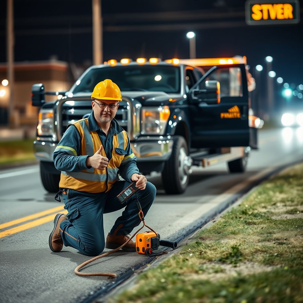 A clean, modern tow truck parked safely under a streetlamp at night, ready for dispatch in Oak Creek