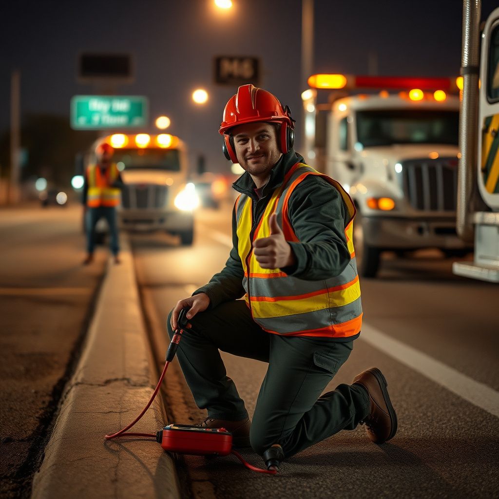 A flatbed tow truck with safety lights flashing, ready to assist a vehicle on a Cudahy road.