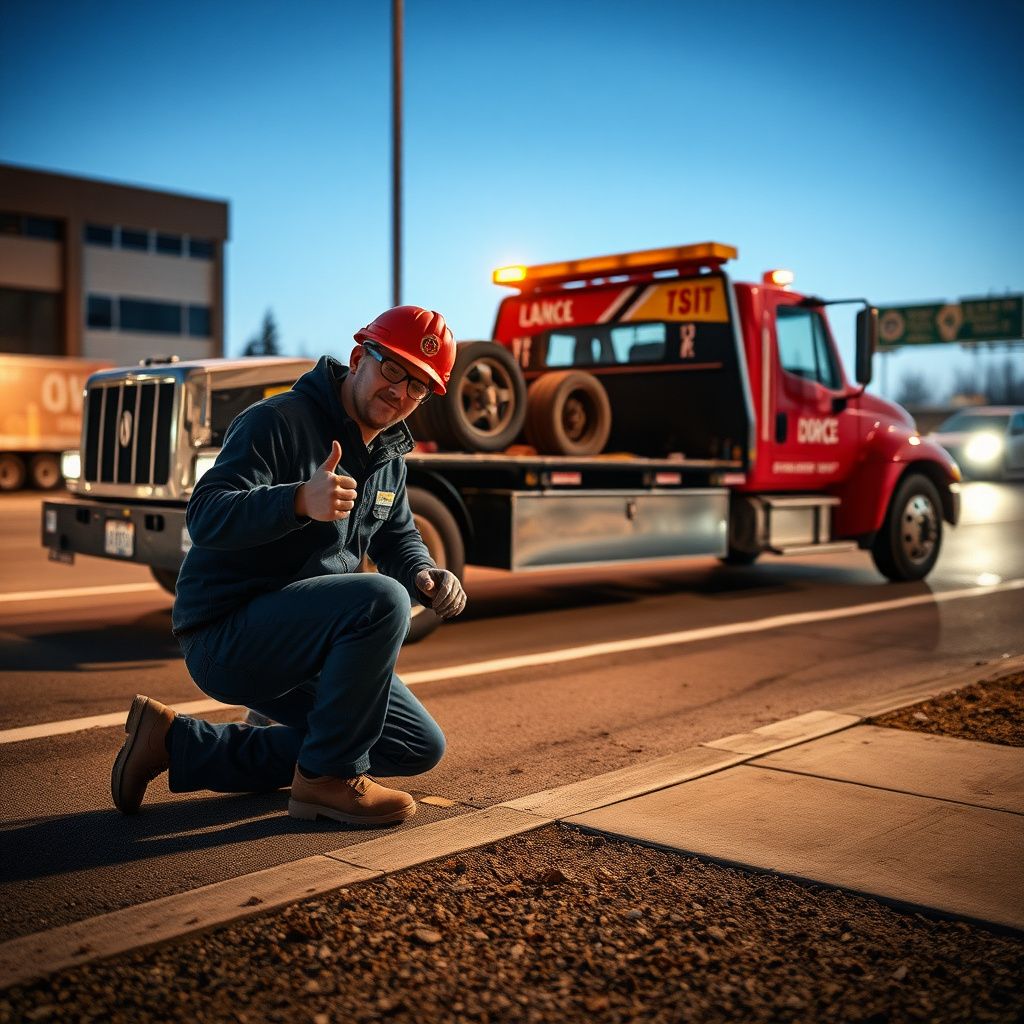 A professional tow operator in high-visibility gear inspecting a flatbed tow truck connection in West Allis.