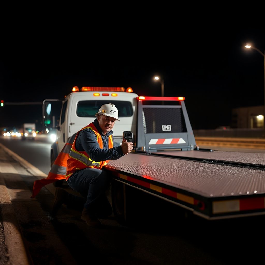 A close-up of a tow truck operator safely securing a car's wheel strap on a flatbed in Pewaukee, Wisconsin.